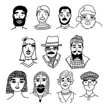 Line black white group of faces or heads portraits drawings. Set of modern Stock Illustration
