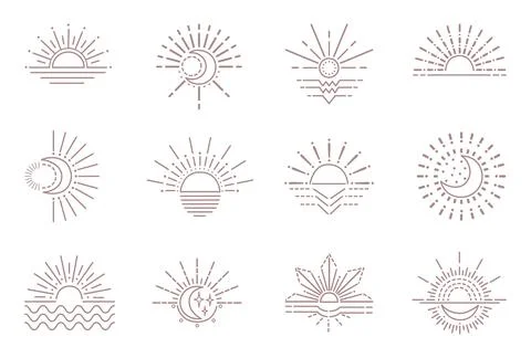 Line boho moon and sun icons. Outline gypsies sunburst design, bohemian symbols 库存插图