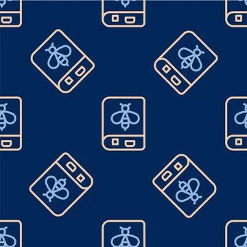 Line Book about bee icon isolated seamless pattern on blue background. Sweet イラスト素材