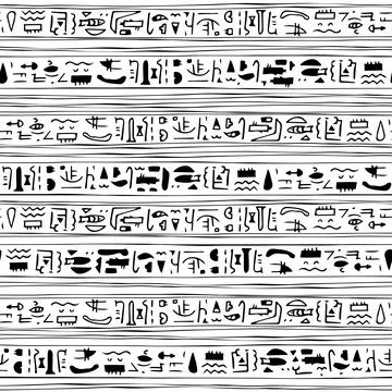 Line border abstract black white egyptian seamless modern pattern with fish Stock Illustration