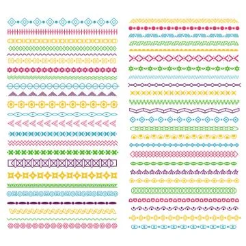 Line borders. Color pattern dividers with lines, circles and squares. Horizontal Stockillustratie
