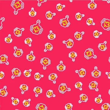 Line Bottle of maple syrup icon isolated seamless pattern on red background.  Illustrazione stock