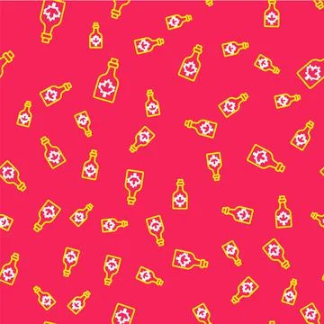 Line Bottle of maple syrup icon isolated seamless pattern on red background.  Illustrazione stock