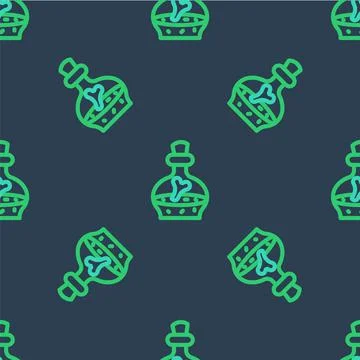 Line Bottle with potion icon isolated seamless pattern on blue background. Flask Stock Illustration
