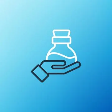 Line Bottle with potion icon isolated on blue background. Flask with magic Stock Illustration