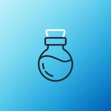 Line Bottle with potion icon isolated on blue background. Flask with magic Stock Illustration