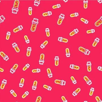 Line Bottle with potion icon isolated seamless pattern on red background. Flask Stock Illustration