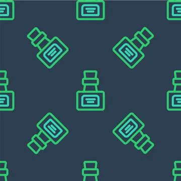 Line Bottle with potion icon isolated seamless pattern on blue background. Flask Illustrazione stock