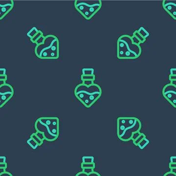 Line Bottle with potion icon isolated seamless pattern on blue background. Flask Stock Illustration