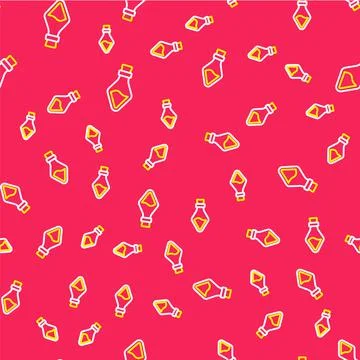 Line Bottle with potion icon isolated seamless pattern on red background. Flask Stock Illustration