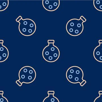 Line Bottle with potion icon isolated seamless pattern on blue background. Flask Stock Illustration