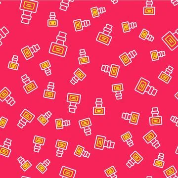 Line Bottle with potion icon isolated seamless pattern on red background. Flask Illustrazione stock