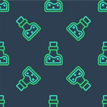 Line Bottle with potion icon isolated seamless pattern on blue background. Flask Stock Illustration