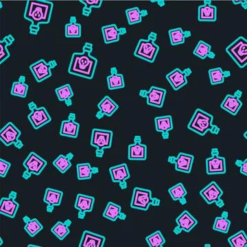 Line Bottle with potion icon isolated seamless pattern on black background Stock Illustration