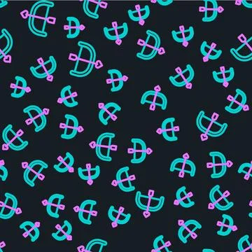 Line Bow and arrow icon isolated seamless pattern on black background. Cupid 스톡 일러스트