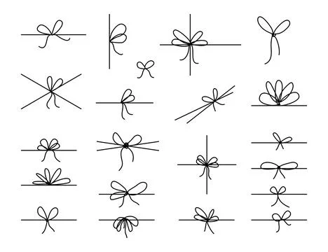 Line bows on ribbon. Bow on string set for box and decoration design. Simple Stock Illustration