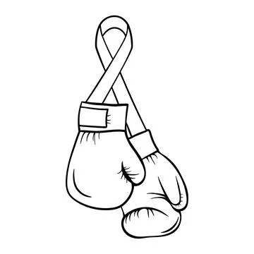 Line boxing gloves with ribbon. Breast cancer icon isolated on white in outline Stock Illustration