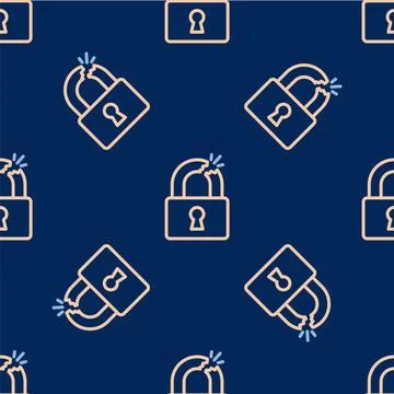 Line Broken or cracked lock icon isolated seamless pattern on blue background Stock Illustration