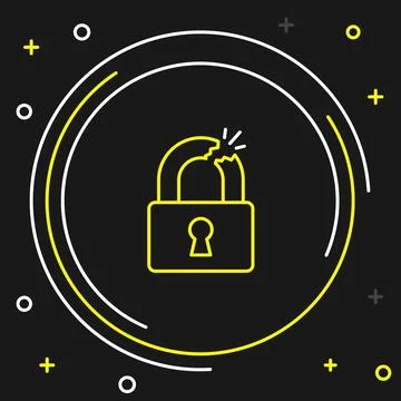 Line Broken or cracked lock icon isolated on black background. Unlock sign 库存插图