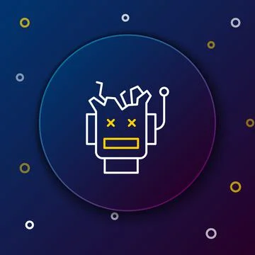 Line Broken robot icon isolated on blue background. Artificial intelligence Illustrazione stock