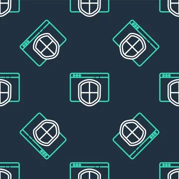 Line Browser with shield icon isolated seamless pattern on black background Illustrazione stock
