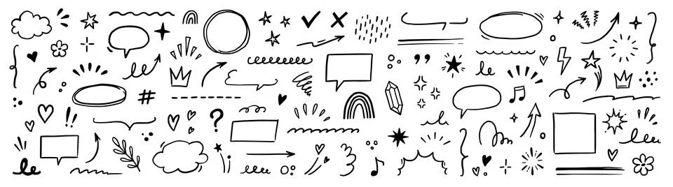 Line brush heart vector set. Hand drawn sketch doodle style arrow, cloud, star Stock Illustration
