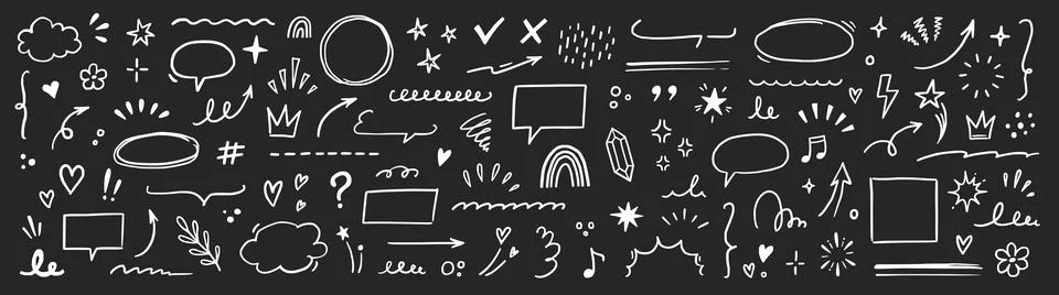 Line brush heart vector set on chalkboard. Hand drawn sketch doodle style arrow Stock Illustration