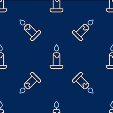 Line Burning candle in candlestick icon isolated seamless pattern on blue Illustrazione stock