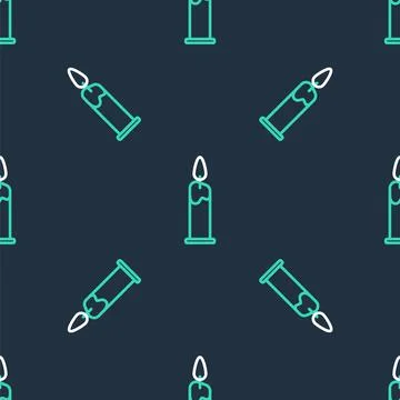 Line Burning candle in candlestick icon isolated seamless pattern on black Illustrazione stock