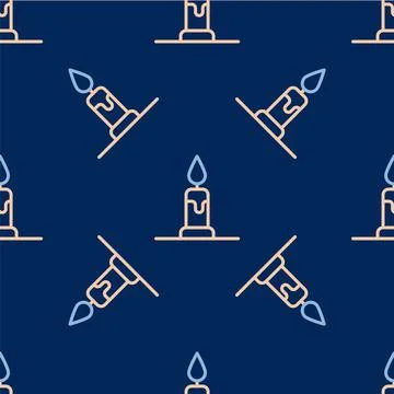 Line Burning candle in candlestick icon isolated seamless pattern on blue 스톡 일러스트