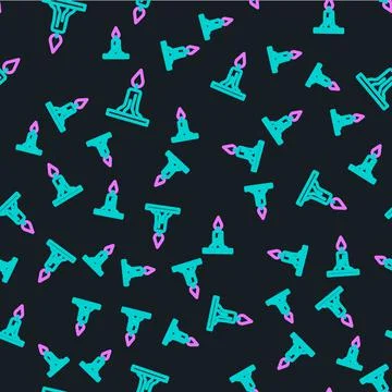Line Burning candle in candlestick icon isolated seamless pattern on black Illustrazione stock