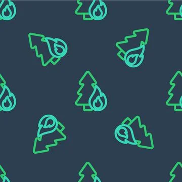 Line Burning forest trees in fire flames icon isolated seamless pattern on blue Stock Illustration