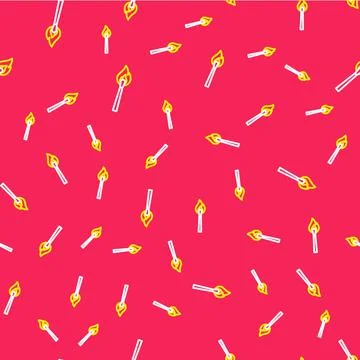 Line Burning match with fire icon isolated seamless pattern on red background 库存插图