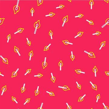 Line Burning match with fire icon isolated seamless pattern on red background Stock Illustration