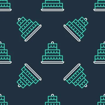 Line Cake with burning candles icon isolated seamless pattern on black back.. Illustrazione stock