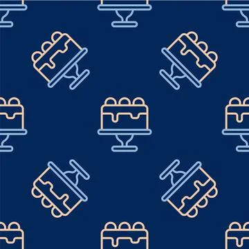 Line Cake icon isolated seamless pattern on blue background. Happy Birthday Stock Illustration