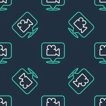 Line Camera and location pin icon isolated seamless pattern on black background 스톡 일러스트