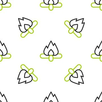 Line Campfire icon isolated seamless pattern on white background. Burning bon Illustrazione stock