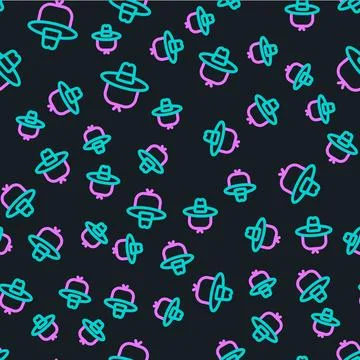 Line Camping hat icon isolated seamless pattern on black background. Beach ha Stock Illustration
