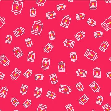 Line Camping lantern icon isolated seamless pattern on red background. Happy Stock Illustration