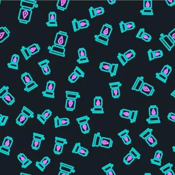 Line Camping lantern icon isolated seamless pattern on black background. Happ Stock Illustration