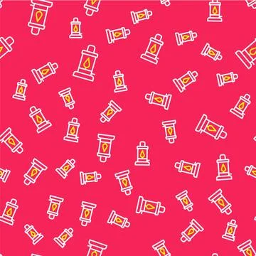 Line Camping lantern icon isolated seamless pattern on red background.  Vecto 스톡 일러스트