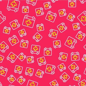 Line Canada day with maple leaf icon isolated seamless pattern on red background Stock Illustration