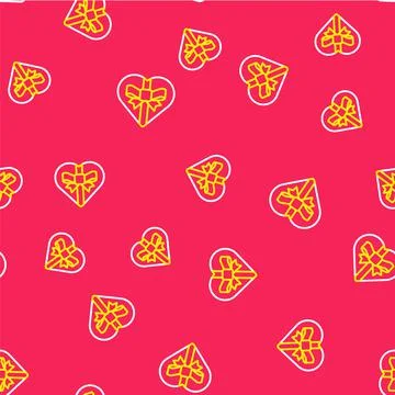 Line Candy in heart shaped box and bow icon isolated seamless pattern on red  Illustrazione stock