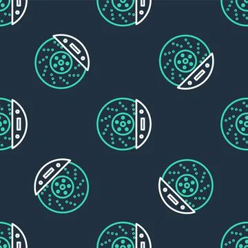Line Car brake disk with caliper icon isolated seamless pattern on black Illustrazione stock