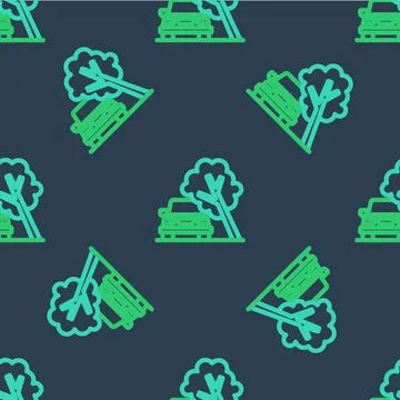 Line Car damaged by fallen tree icon isolated seamless pattern on blue 스톡 일러스트