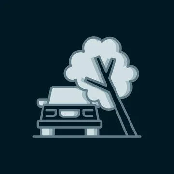 Line Car damaged by fallen tree icon isolated on black background. Auto ins.. Stock Illustration
