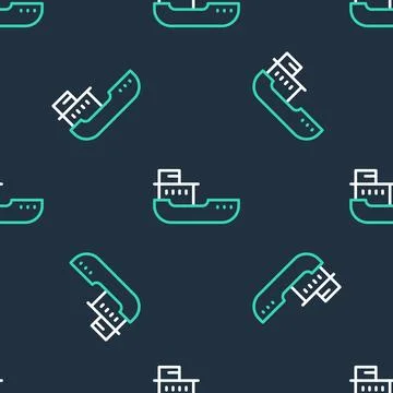 Line Cargo ship icon isolated seamless pattern on black background.  Vector Stock Illustration