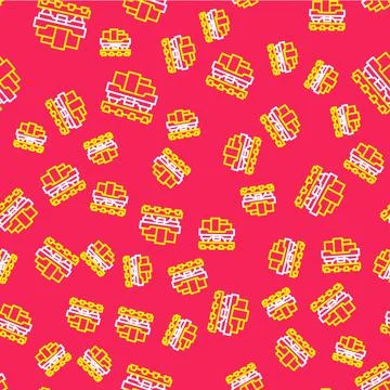 Line Cargo train wagon icon isolated seamless pattern on red background. Full 스톡 일러스트