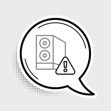 Line Case of computer with exclamation mark icon isolated on grey background. Stock Illustration